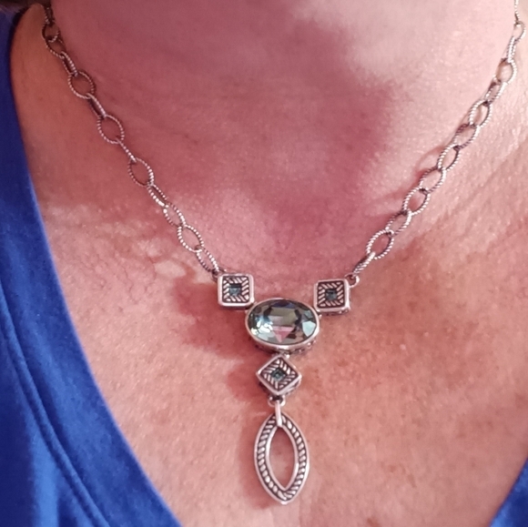 Studio Barse 925 Silver Textured Link Smoky Blue Crystal Lariat Necklace - Picture 9 of 9